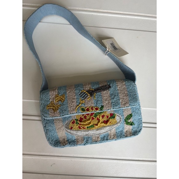 Handbags - New Beaded Pasta Spaghetti Striped Shoulder Bag Novelty Food Purse Blue White